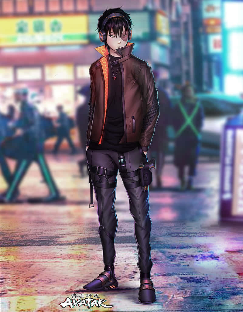 蘇克——釋放你的火焰 壁紙 — 一個戴著耳機的年輕動畫男性在夜晚霓虹燈閃爍的潮濕城市街道上自信地站立。