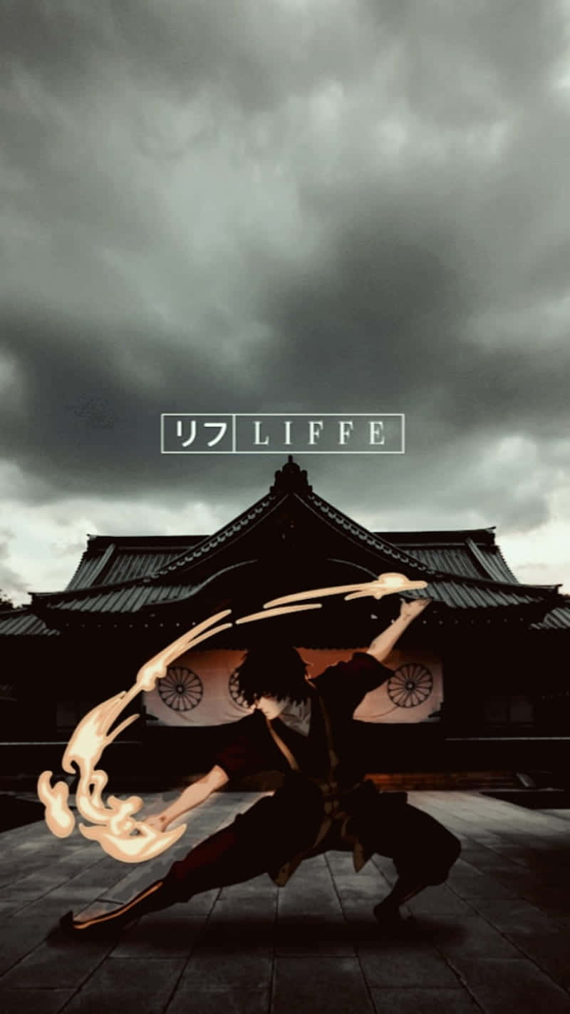 蘇克寧靜湖畔的夏日黃昏景色 壁紙 — 一位身穿深色長袍的動漫戰士，在暴風雨的天空下，於傳統日本寺廟前揮舞著發光的能量劍。