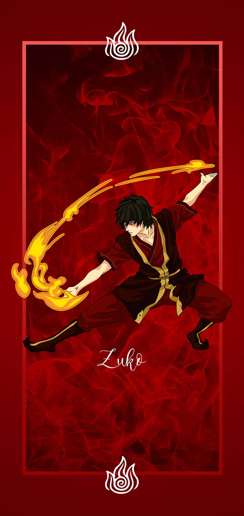 蘇克是熱門Nickelodeon動畫《降世神通：最後的氣宗》中的角色 壁紙 — 一個火熱的動漫角色身穿紅色長袍，在旋轉的紅色背景前以動態姿勢引導金色火焰。