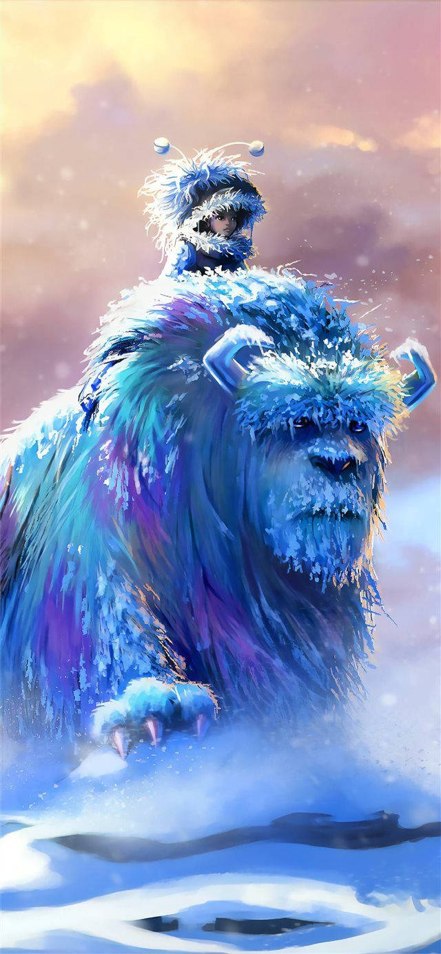 蘇利與寶的粉絲藝術圖 壁紙 — 一隻威嚴的藍毛雪人，雙眼發光，在溫暖的日落天空下走過雪地。