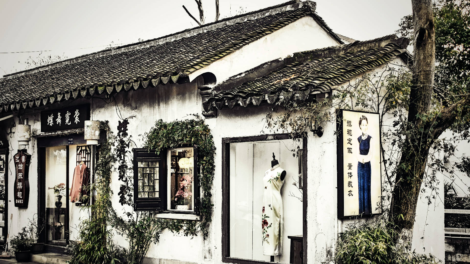 蘇州古裝店 壁紙 — 一間風化的傳統中式商店，白色牆壁、黑色瓦片屋頂，常春藤攀爬在外牆上，天空多雲。