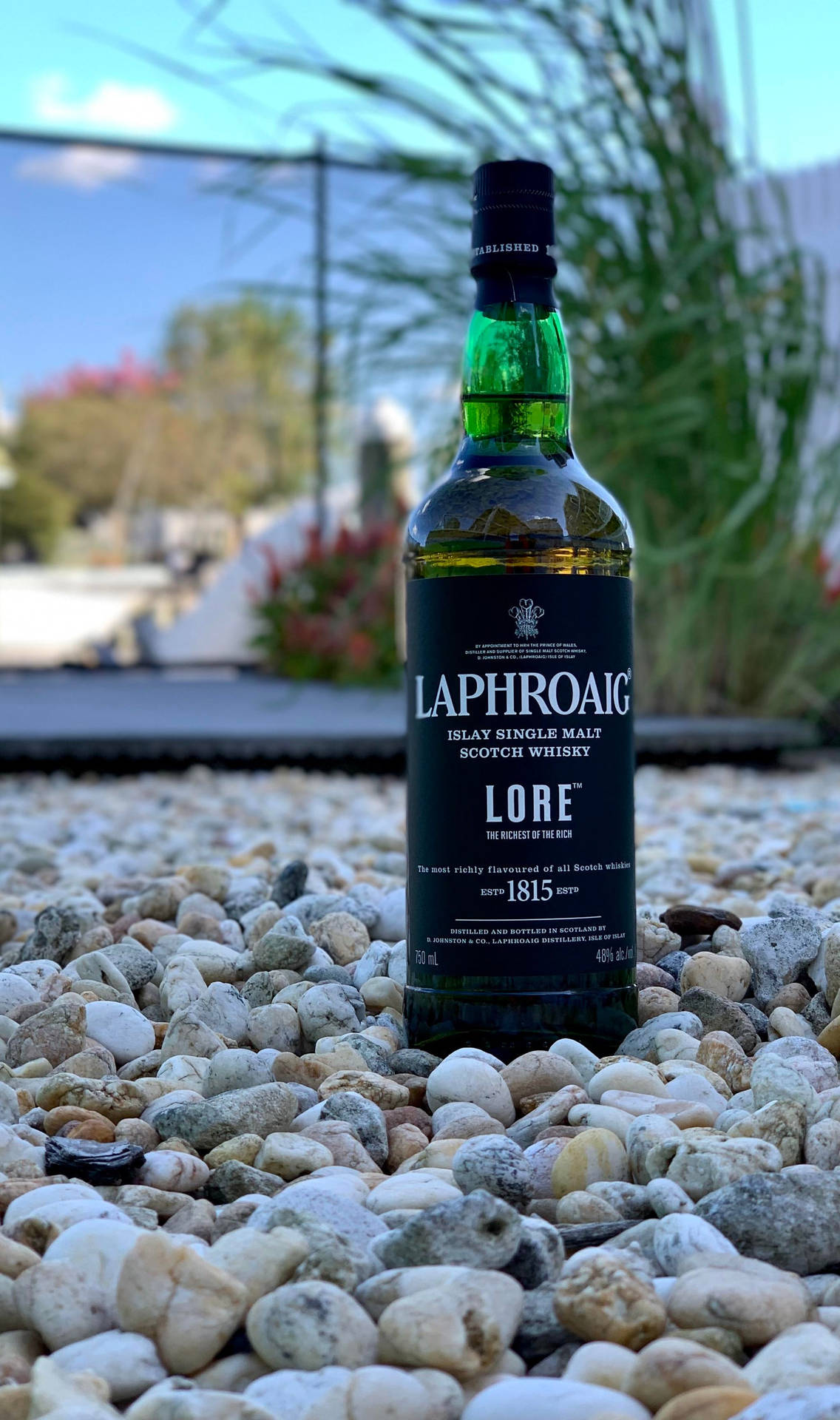 喺花園環境中，鵝卵石上嘅 Laphroaig Lore 威士忌酒瓶。