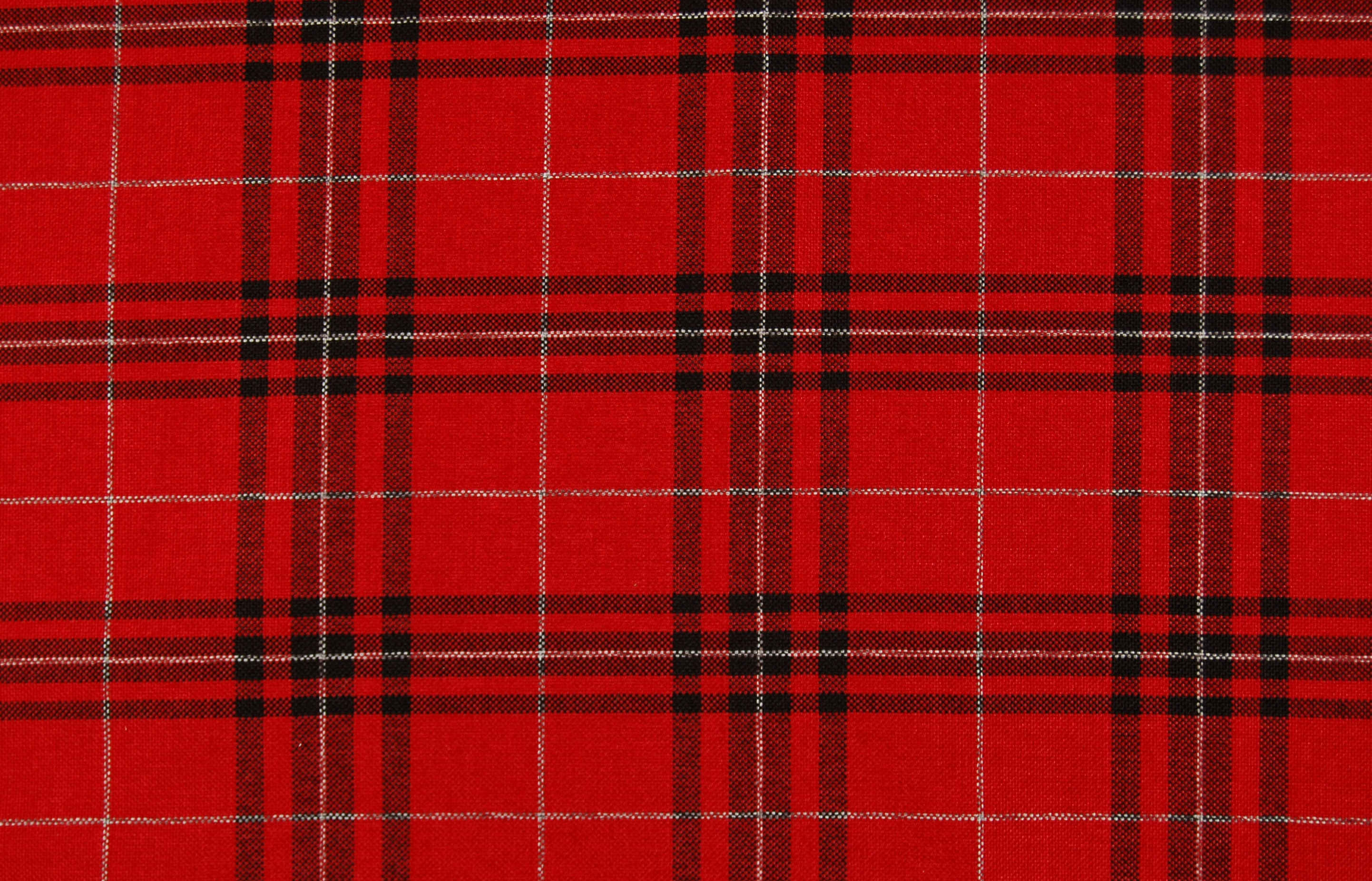 蘇格蘭格紋紅色背景 壁紙 — 充滿活力的紅色格子布料，帶有粗黑色和細白色交錯條紋，形成經典的蘇格蘭格紋圖案。