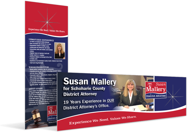 蘇珊·馬雷利檢察官競選宣傳品 壁紙 — 蘇珊·馬拉里（Susan Mallery）地方檢察官的政治競選手冊，包含她的照片、資格證明和口號，背景為紅、藍、白色。