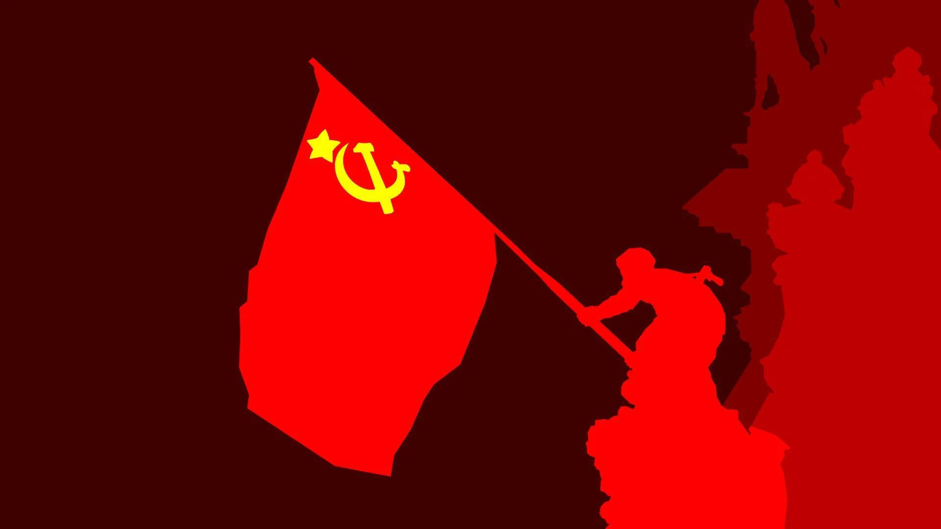 士兵在紅色剪影中在山頂升起蘇聯國旗。