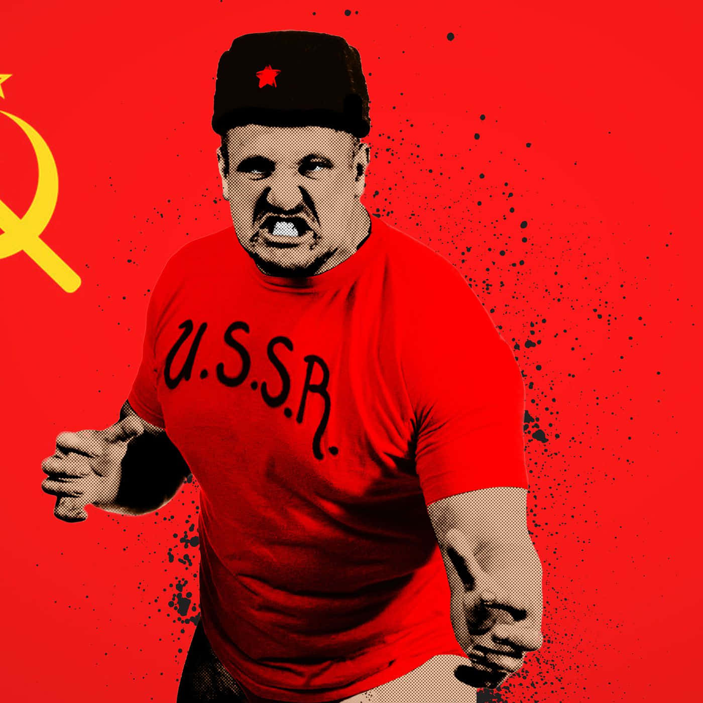 蘇聯摔角手尼古拉·沃科夫 壁紙 — 一個肌肉發達的男人穿著紅色USSR T恤和星帽，對著帶有飛濺效果的蘇聯國旗背景咆哮。