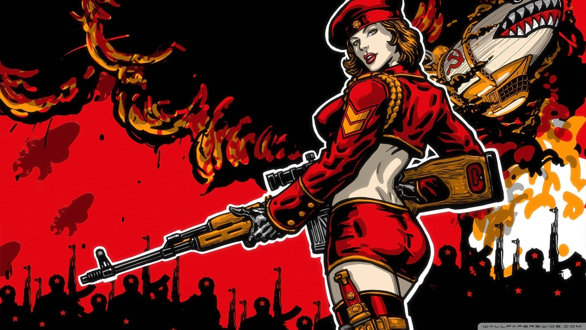 身穿紅色制服的女兵在火焰和剪影人群中手持步槍。