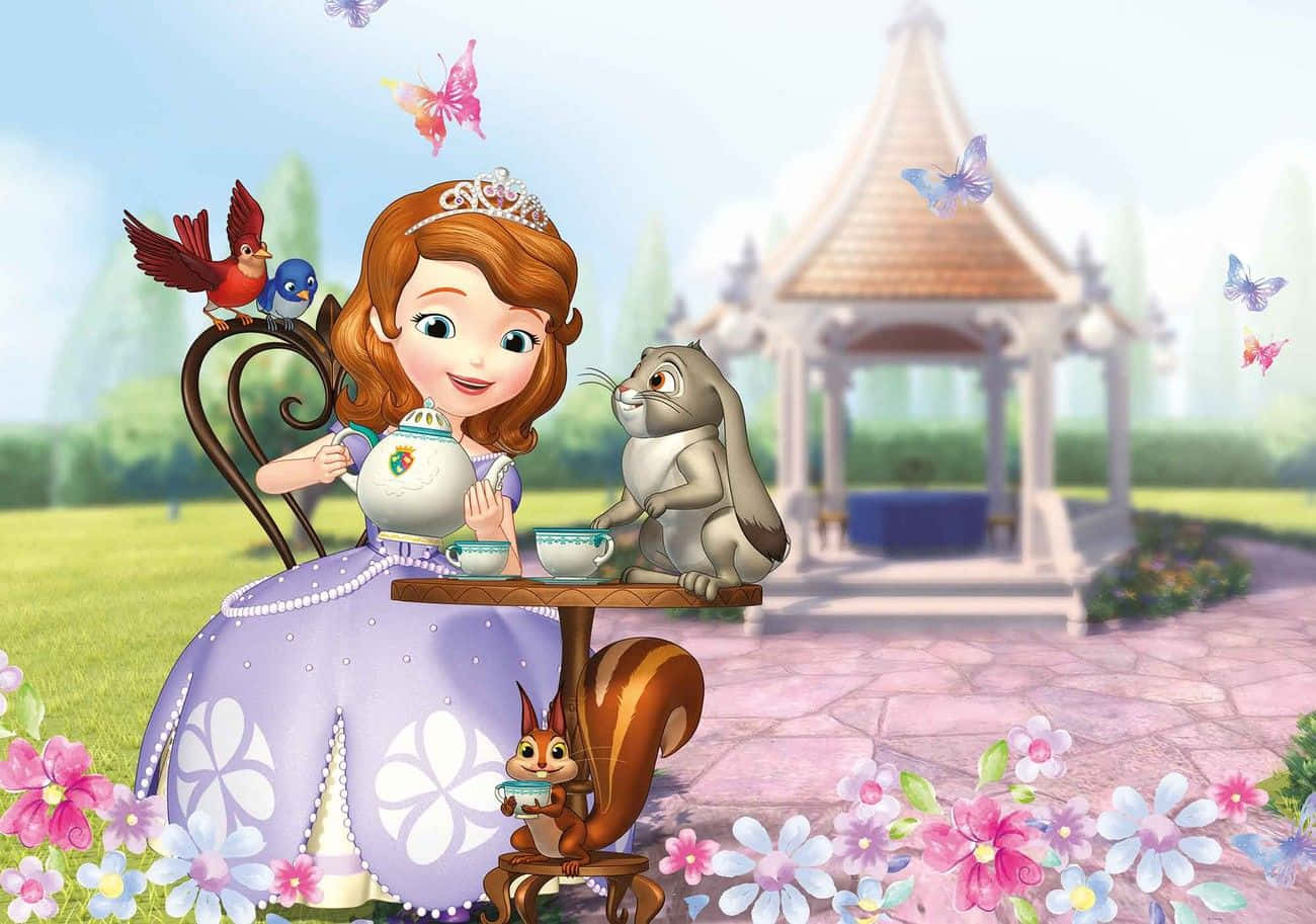 Sofia The First 桌布 壁紙 — 蘇菲亞公主在花園裏與兔子、松鼠和小鳥舉行奇妙的茶會，周圍有蝴蝶和色彩繽紛的花朵。