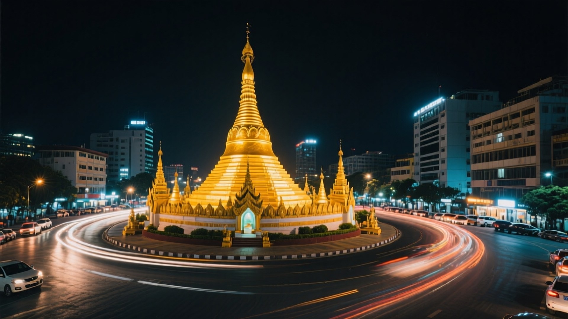 金色寶塔在夜晚被照亮，汽車燈光在迴旋處圍繞它旋轉形成條紋。
