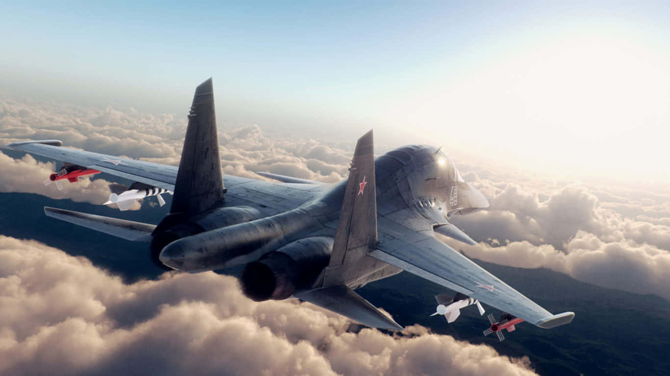 蘇霍伊 Su-34 飛越雲層的巨型客機背景（1366x768） 壁紙 — 一架流線型戰鬥機在蓬鬆的雲層上方翱翔，機尾帶有紅色星星標誌，襯著明亮的天空。
