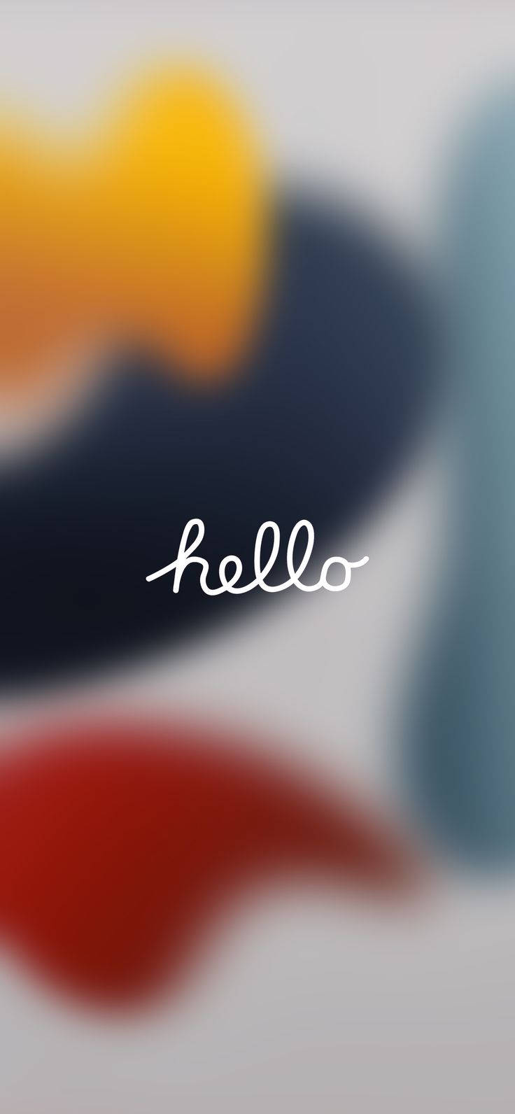 蘋果 iPhone 經典「Hello」問候圖 壁紙 — 柔和模糊的抽象形狀，採用冷暖色調，中央以白色草書體呈現hello字樣。