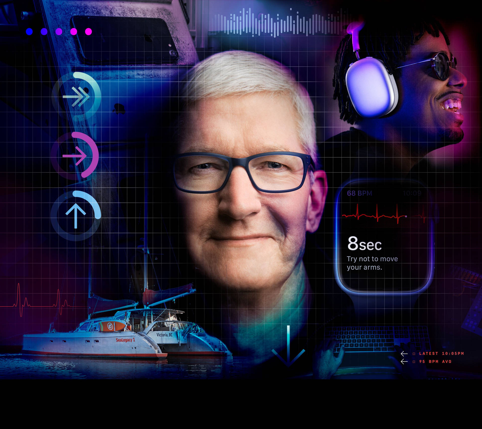 Tim Cook 在帶有健身指標和科技圖標的數碼界面中。