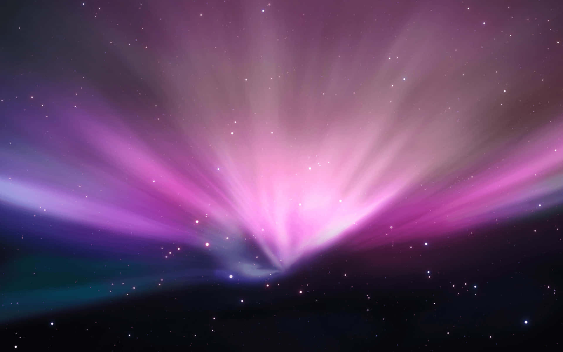在佈滿星星的夜空中，閃耀著令人目眩的粉紅色和紫色極光。