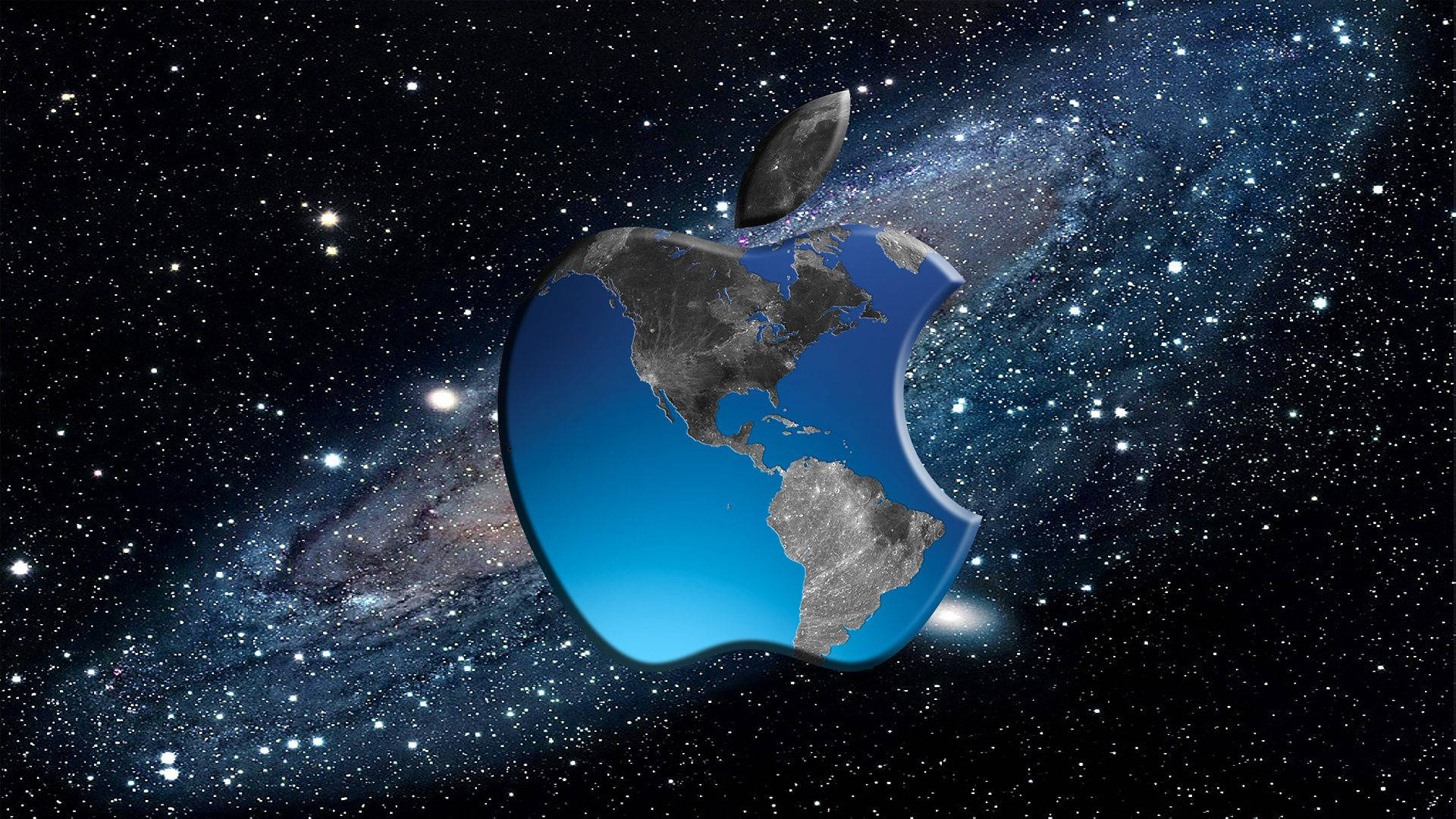 蘋果世界地圖筆記本電腦桌面 壁紙 — 一個發光的藍色Apple標誌，內有地球的大陸，漂浮在一個繁星點點的宇宙場景中，背後有銀河漩渦。