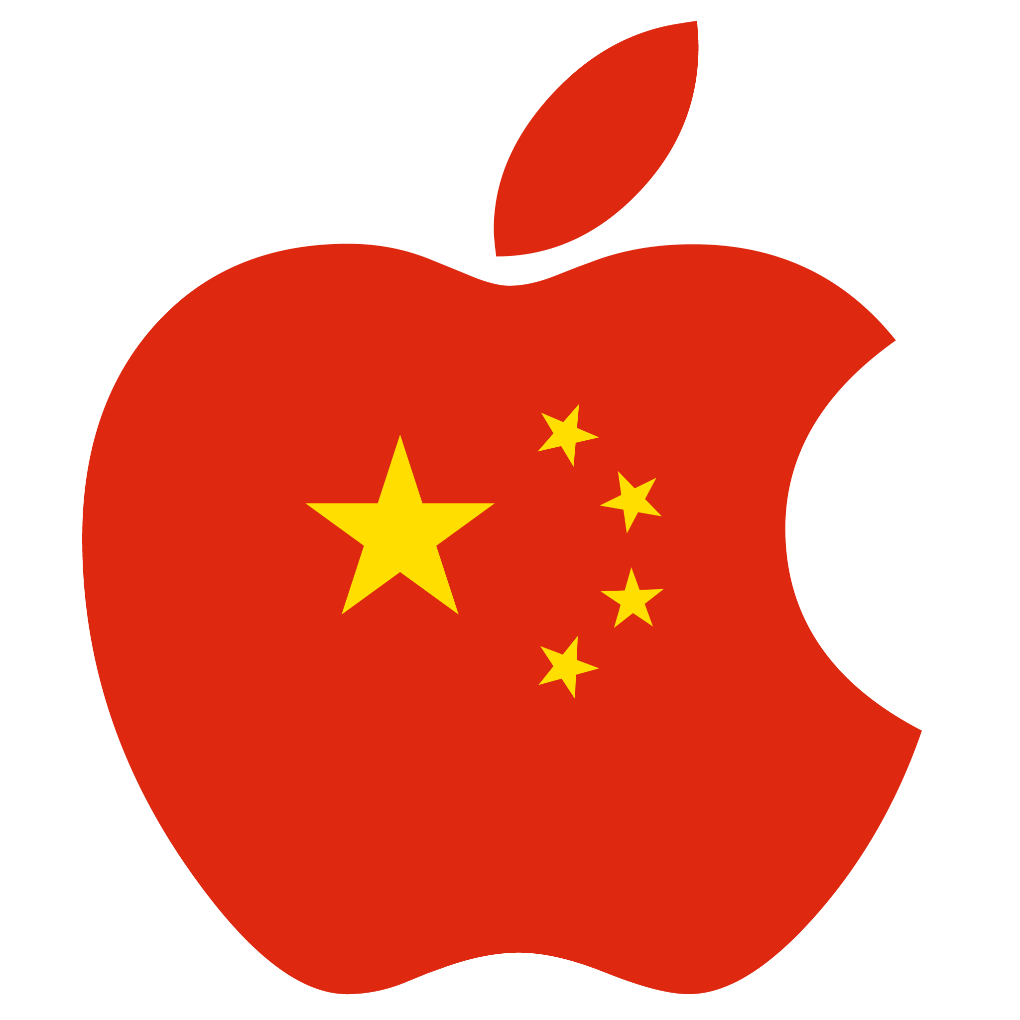 蘋果中國國旗融合圖案 壁紙 — 一個紅色蘋果標誌，帶有咬痕和中國國旗星星，疊加在白色背景上。