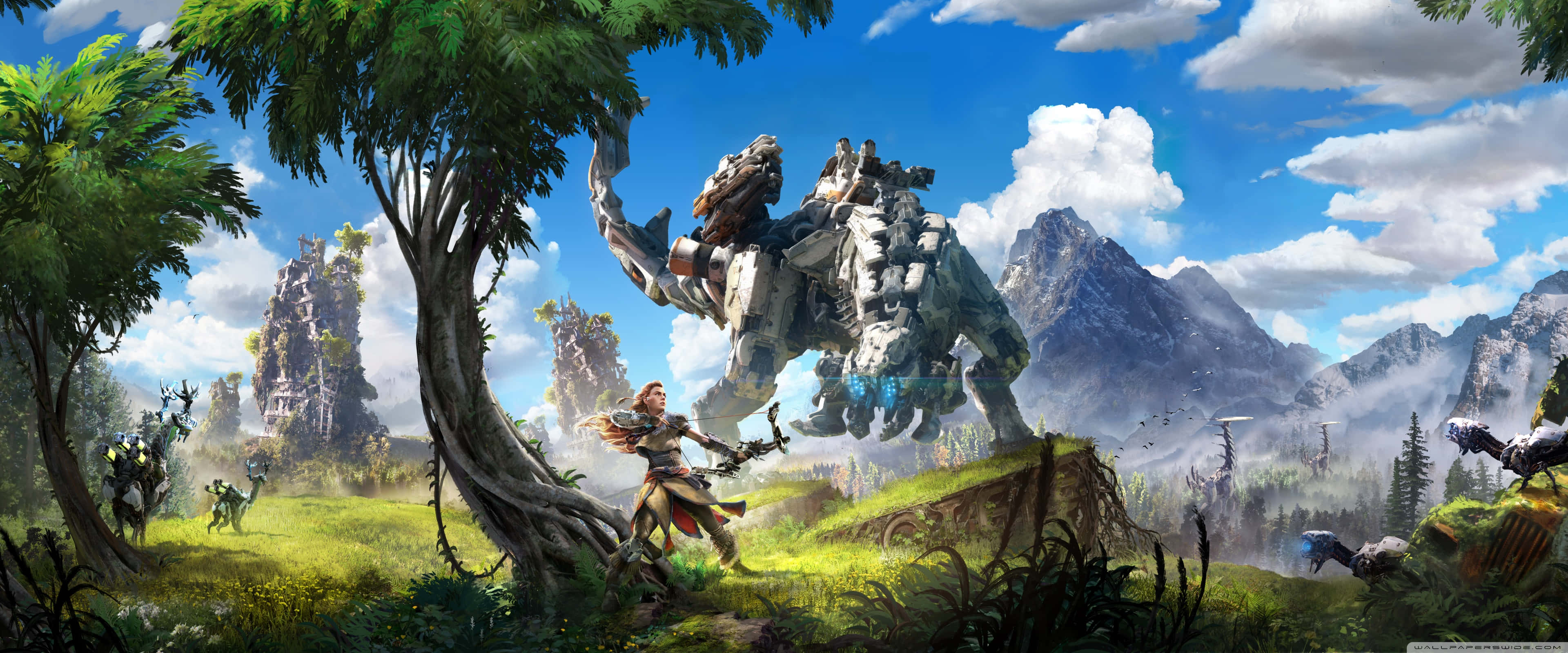 蘋果全新 3840x1600 Retina 顯示技術 壁紙 — 一名戰士在陽光明媚的藍天下，在青翠的山谷中與巨大的機械野獸搏鬥，遠方有山巒。