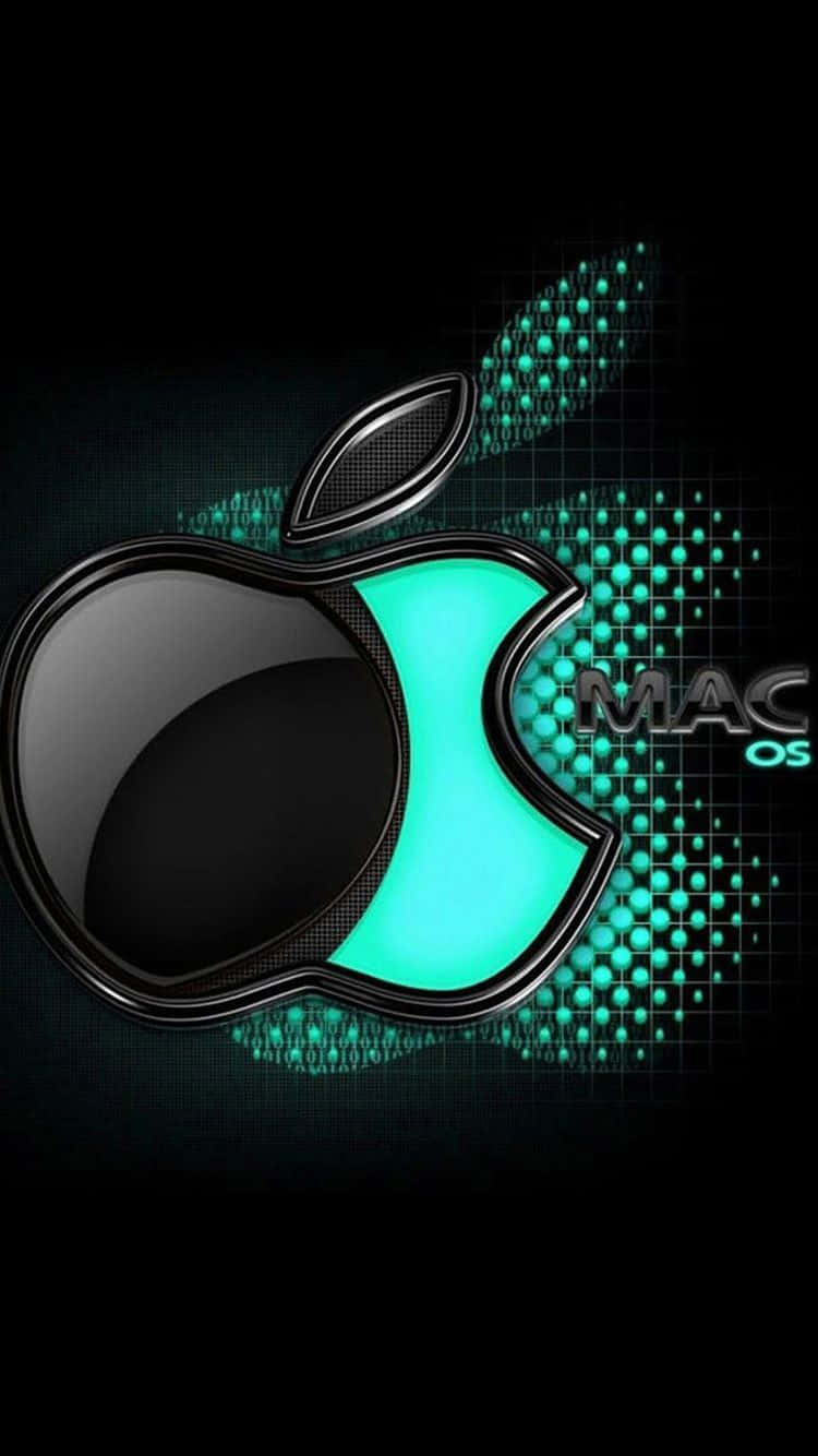 光澤Apple標誌，帶有青綠色光芒和像素藝術背景