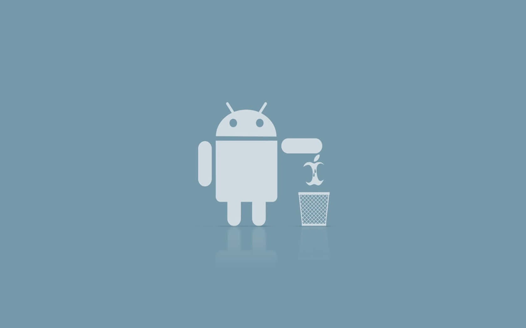 Android機械人將Apple標誌丟進垃圾桶，背景為藍色