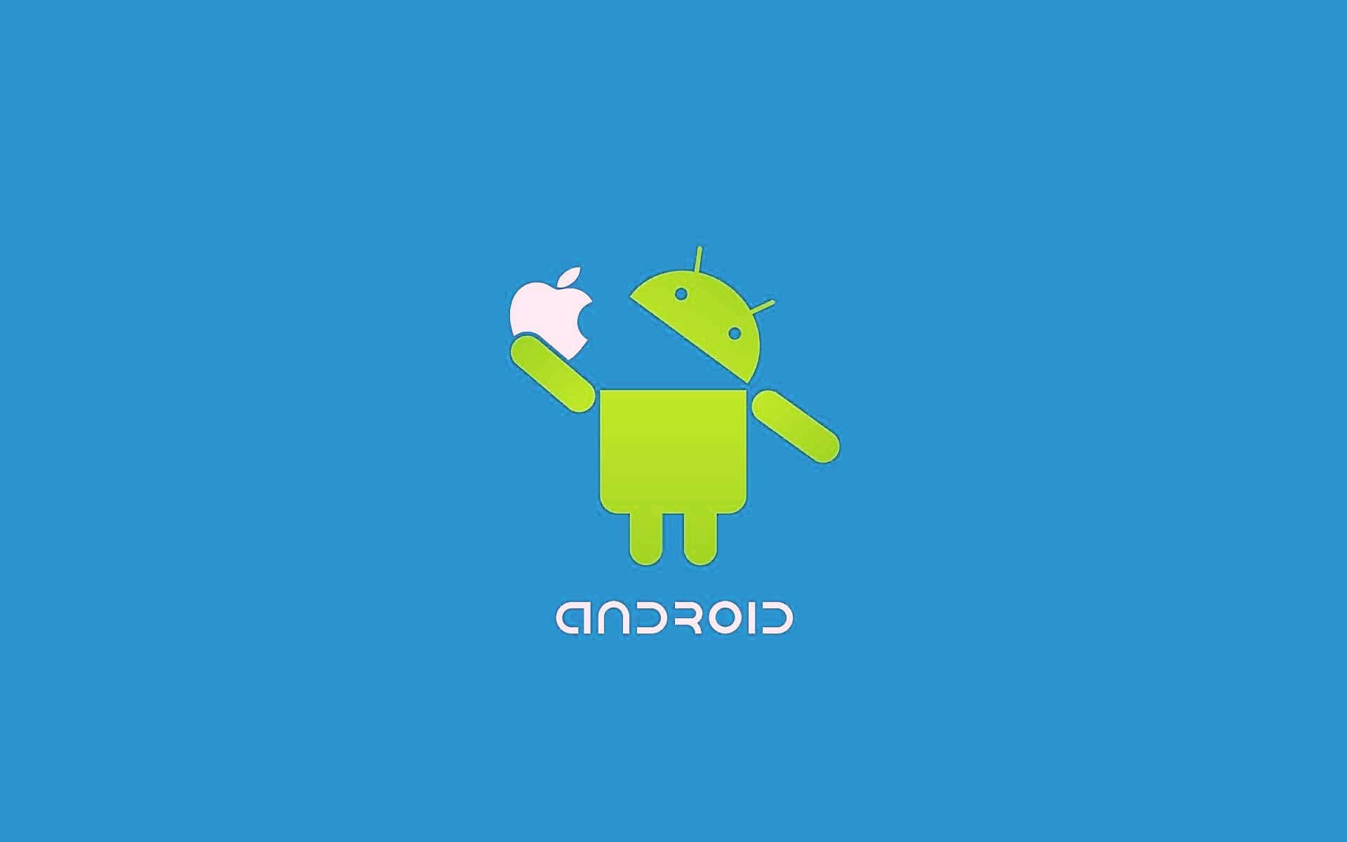 綠色Android機械人手持Apple標誌，藍色背景，Android文字