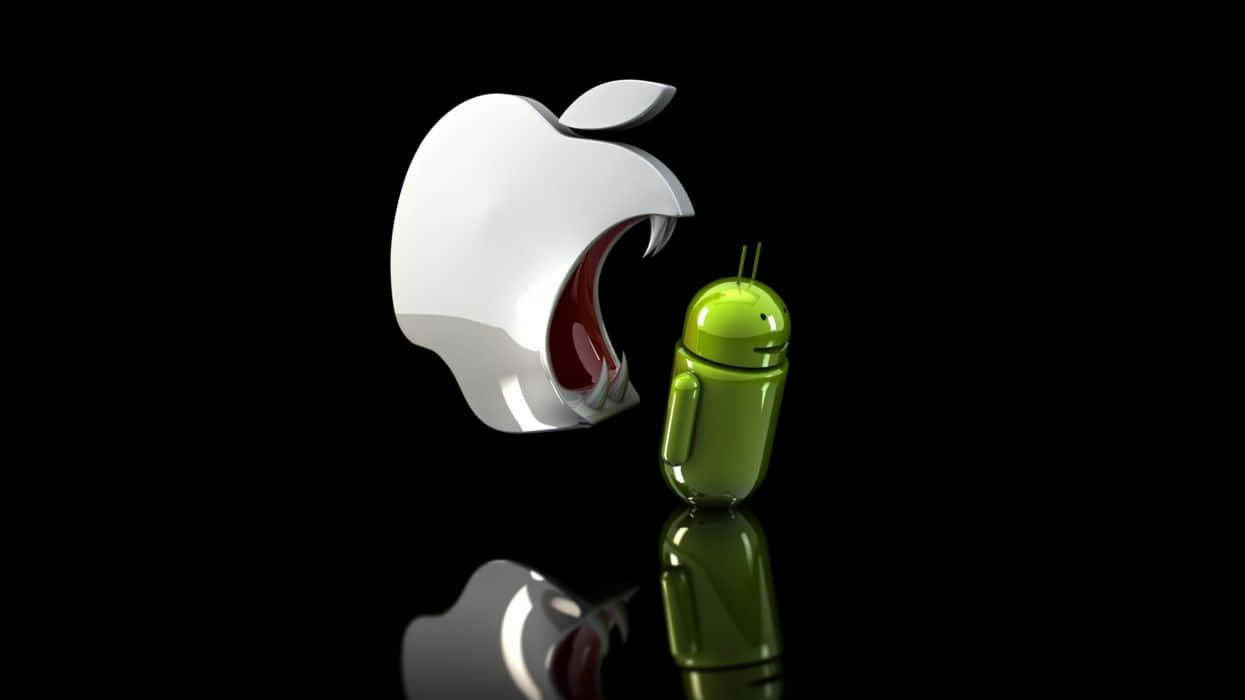 光澤Apple標誌在黑色反光表面上對著綠色Android機械人打呵欠。