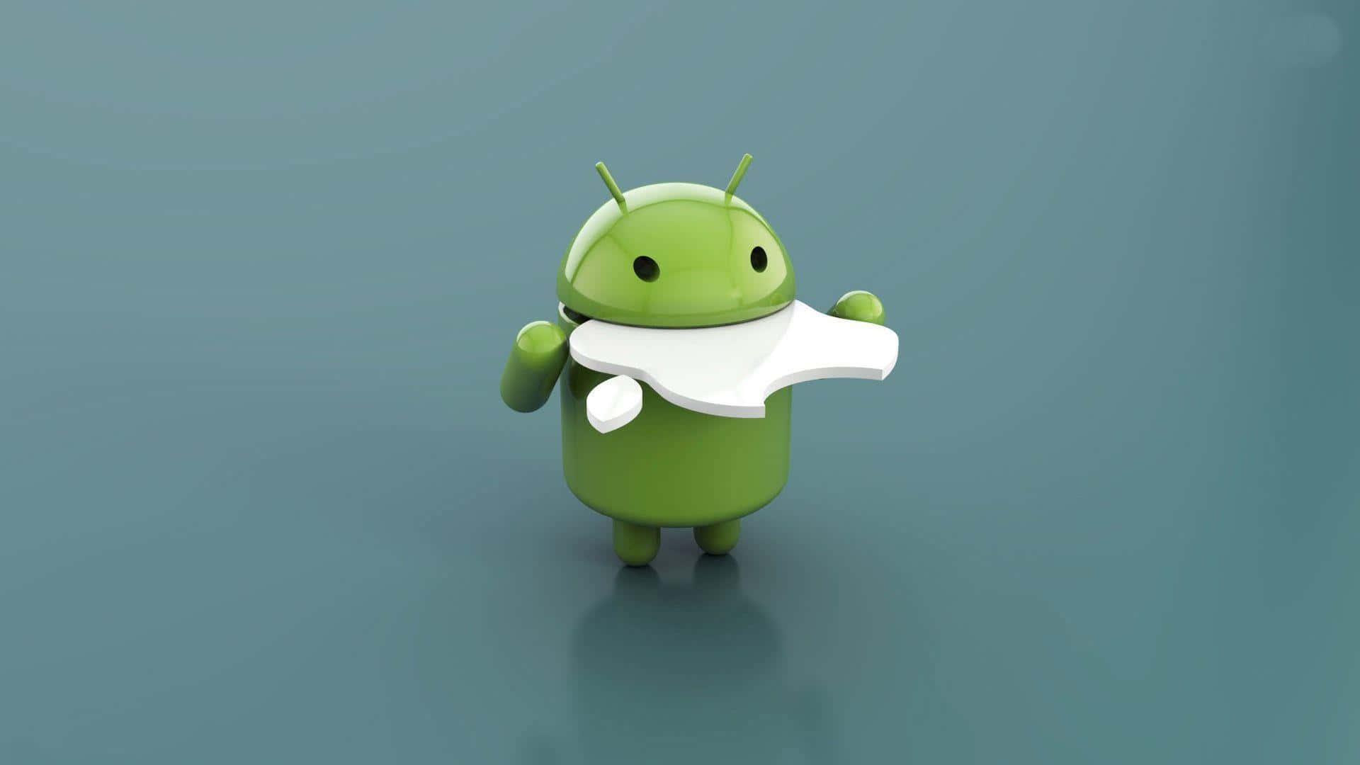 綠色Android吉祥物喺青綠色背景上拎住白色智能手機。