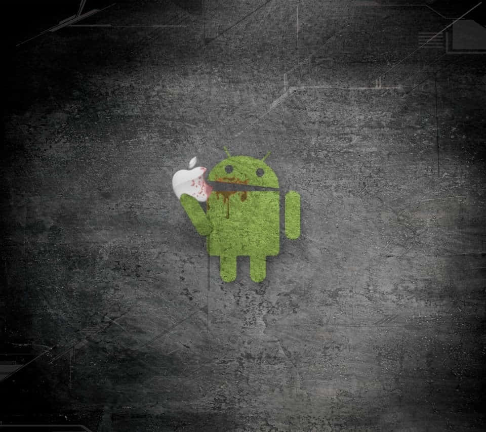 綠色Android吉祥物在深色混凝土牆前拿著一個血淋淋的Apple標誌。