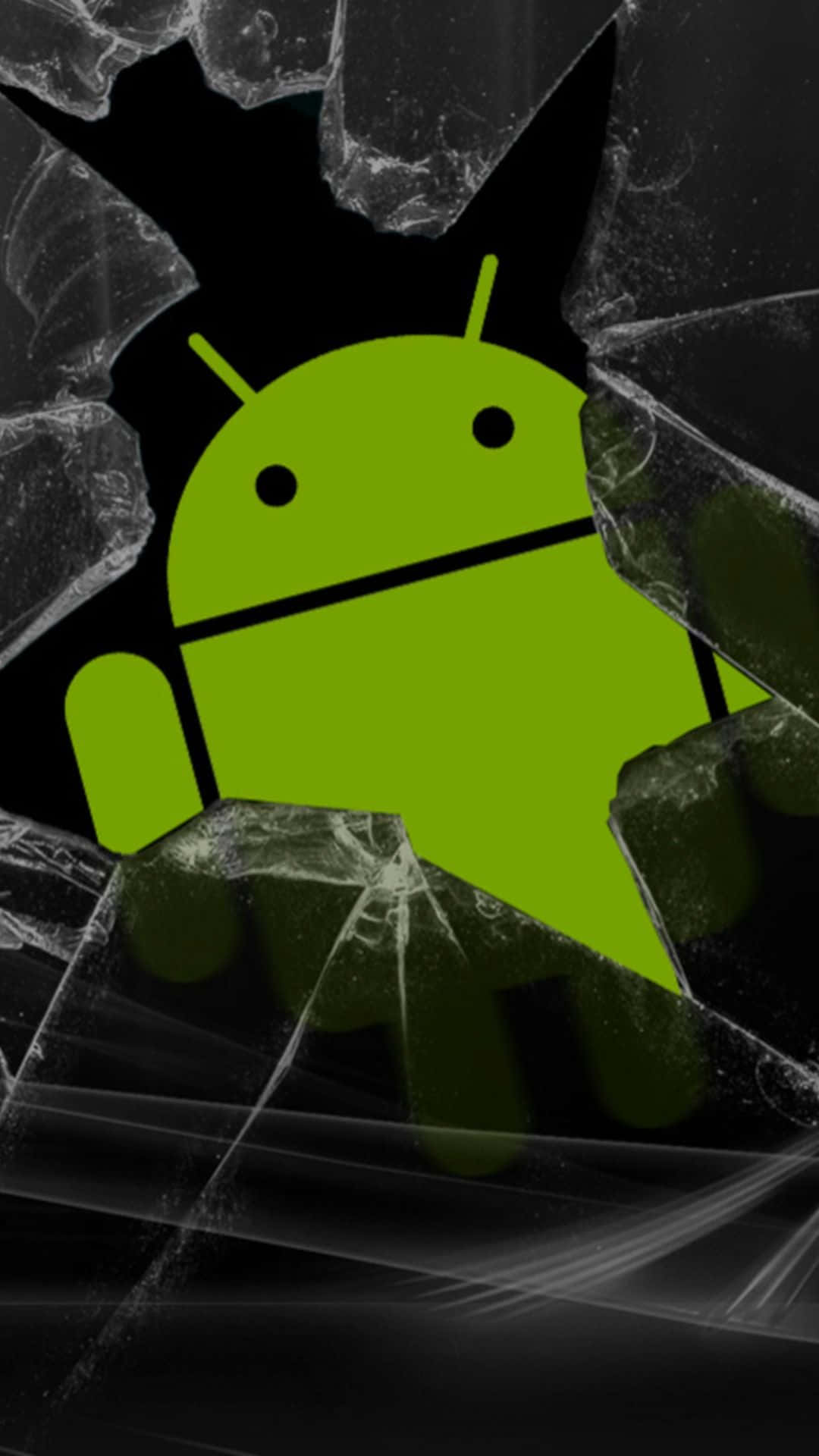 蘋果咬下安卓！ 壁紙 — 一個亮綠色的Android吉祥物在黑暗背景下衝破破碎的玻璃。