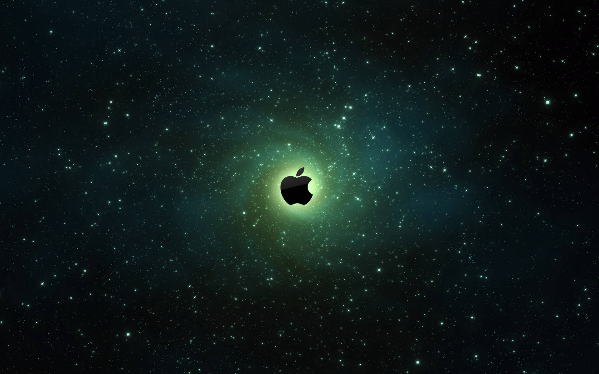 Apple標誌在繁星點點的太空場景中發光，帶有綠色星雲。