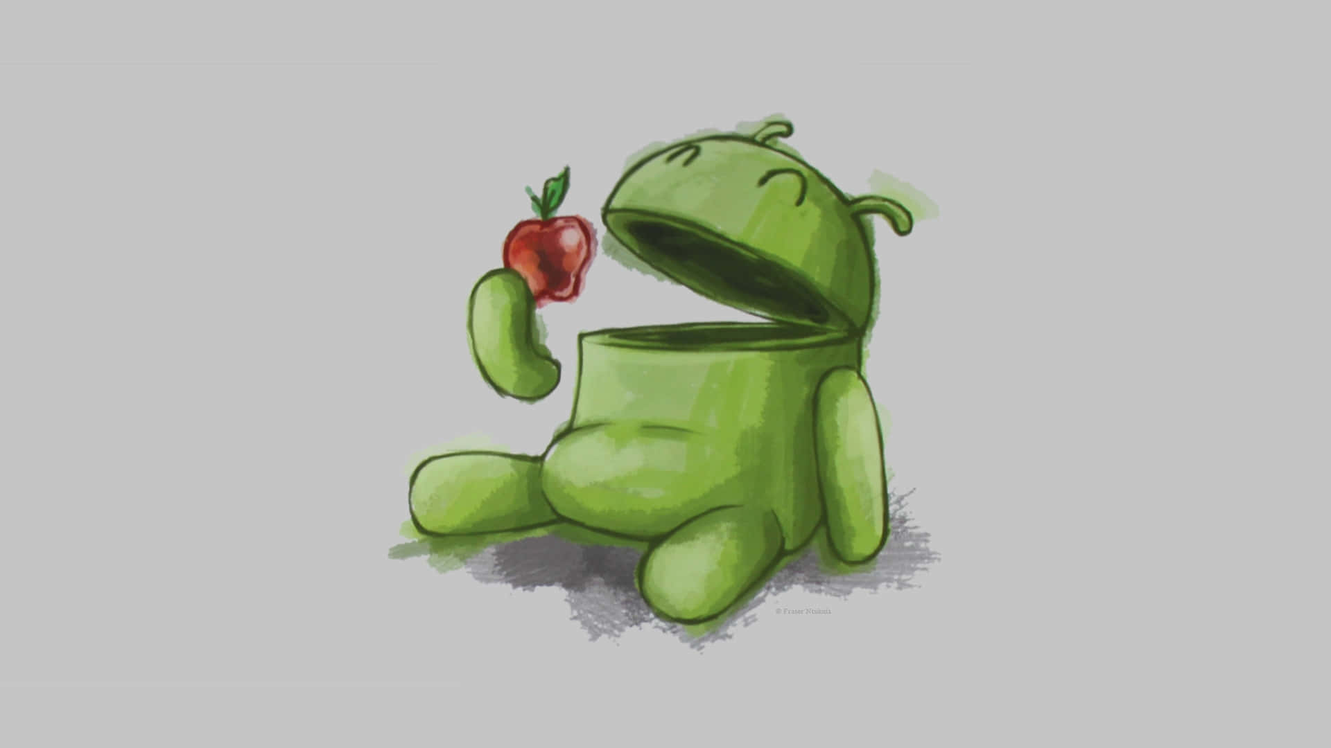 綠色Android吉祥物在灰色背景上手持紅蘋果