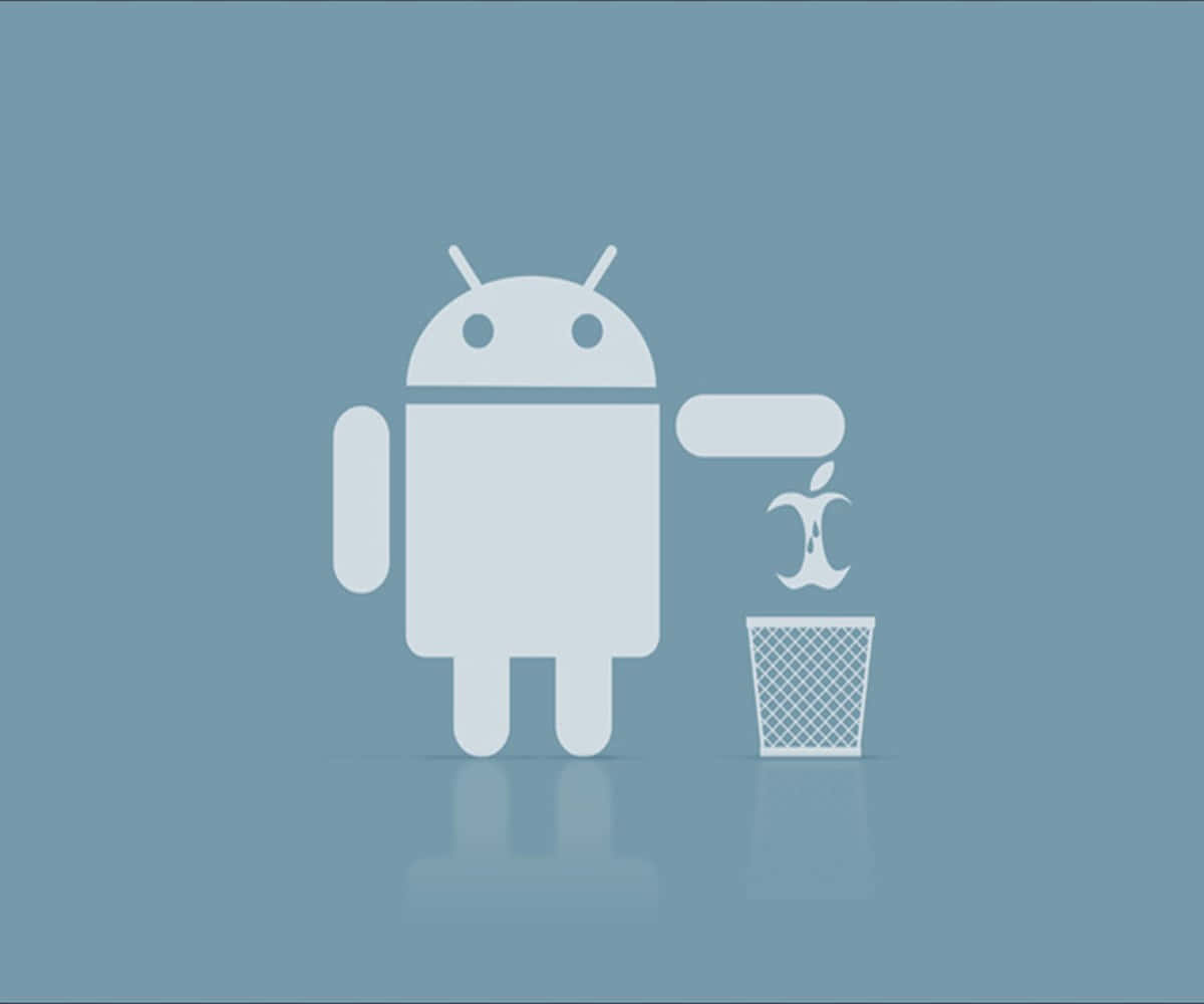 Android機械人將Apple標誌丟進垃圾桶，背景為藍色