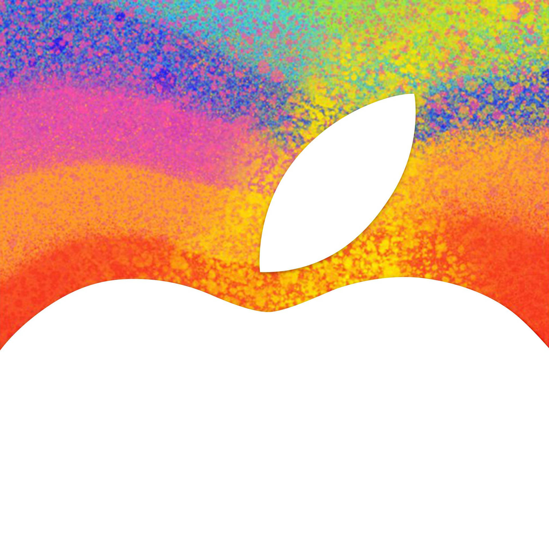 蘋果彩虹藝術 iPad mini 壁紙 — 白色Apple標誌剪影在充滿活力的漸變彩虹斑點背景上顯得格外突出。