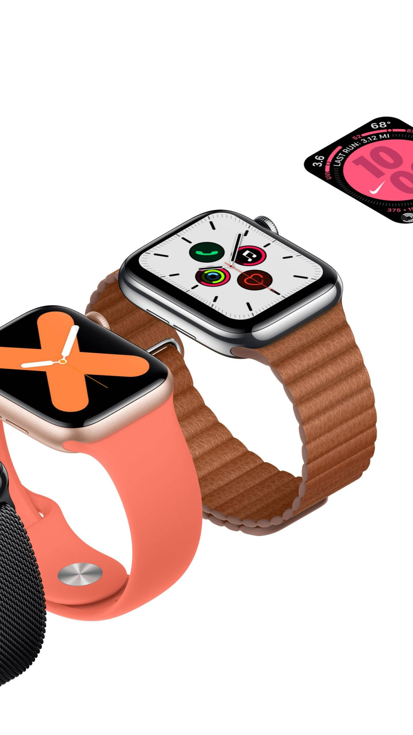 蘋果手錶粉紅鯨魚橡膠錶帶 壁紙 — 三隻Apple Watch，配有色彩繽紛的錶帶和獨特的數位錶面，漂浮在潔白的背景上。