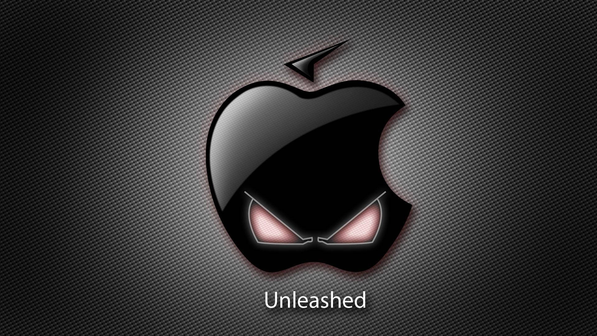 一個帶有發光眼睛的風格化Apple標誌和「Unleashed」字樣。