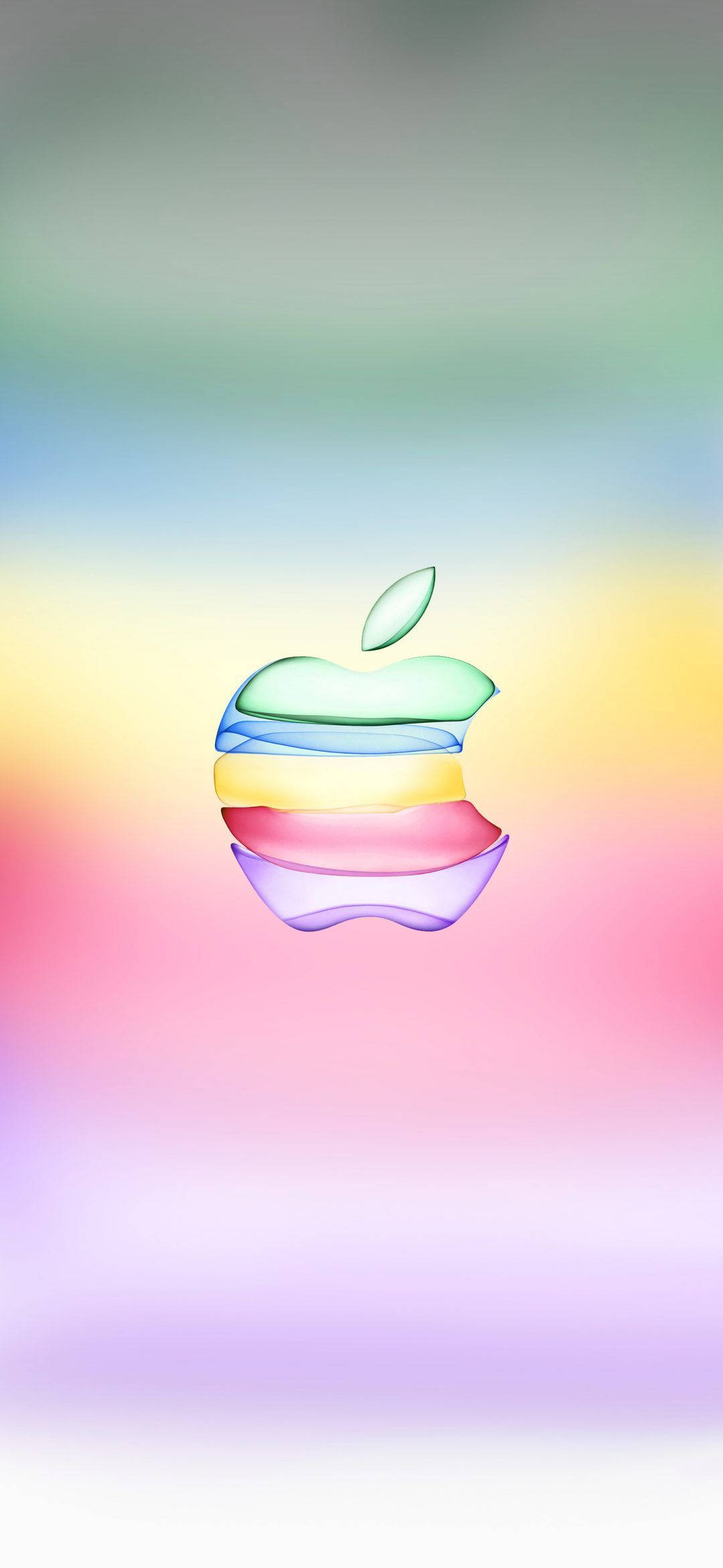 蘋果標誌 iPhone 11 Pro Max 壁紙 — 一個鮮豔的彩虹色 Apple 標誌漂浮在柔和的漸變天空背景上。