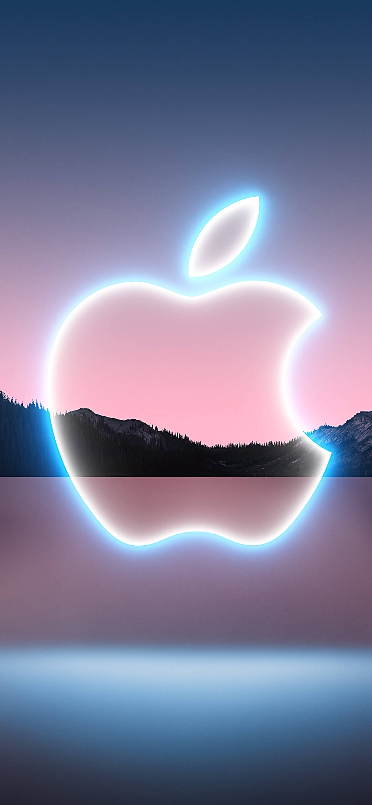 蘋果標誌 iPhone 13 Pro 壁紙 — 發光的霓虹蘋果標誌框住了暮色中的山脈，帶有粉紅色和藍色漸變。