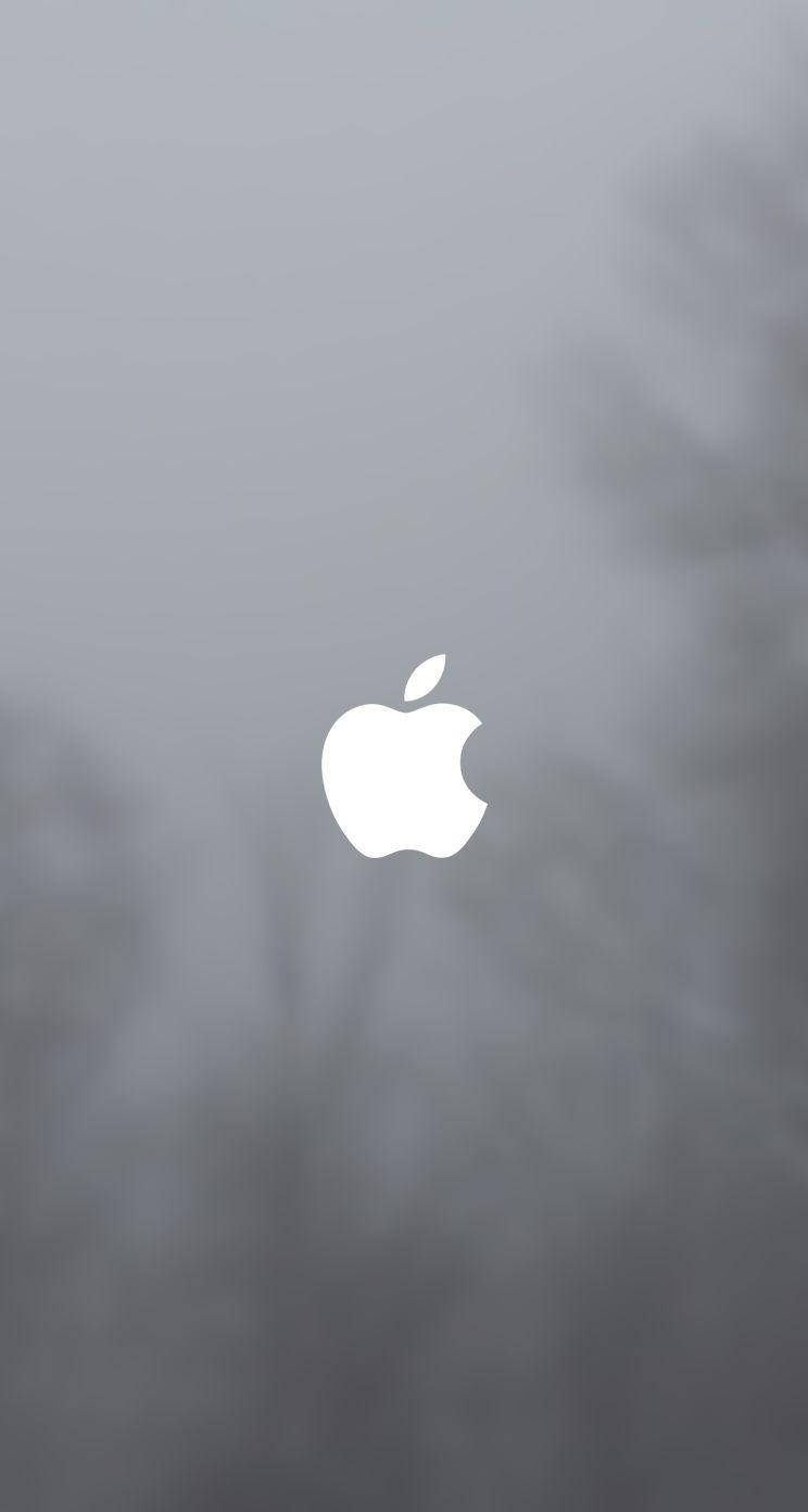 蘋果標誌 iPhone SE 壁紙 — 一個簡約的白色Apple標誌，居中放置在柔和的灰色模糊背景上，帶有模糊的樹木剪影。
