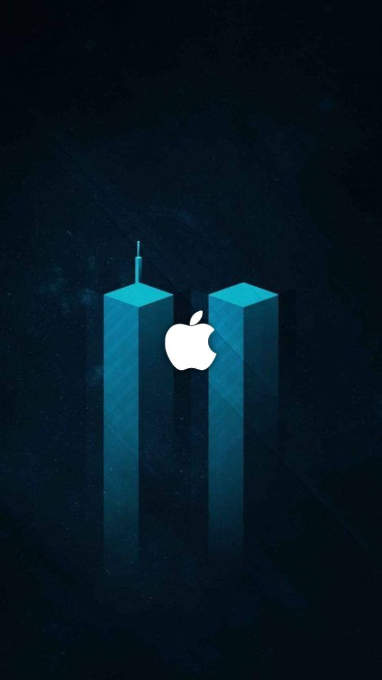 蘋果標誌 iPhone 動態壁紙 壁紙 — 一個發光的藍色Apple標誌，位於兩座高聳摩天大樓之間，背景是黑暗的宇宙。