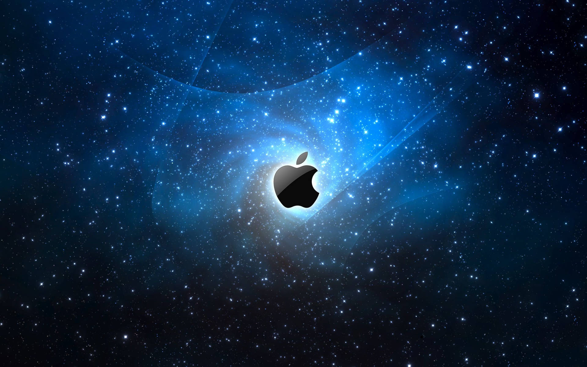 Apple標誌居中在藍色星空場景中，帶有發光的宇宙射線。 — 蘋果 壁紙