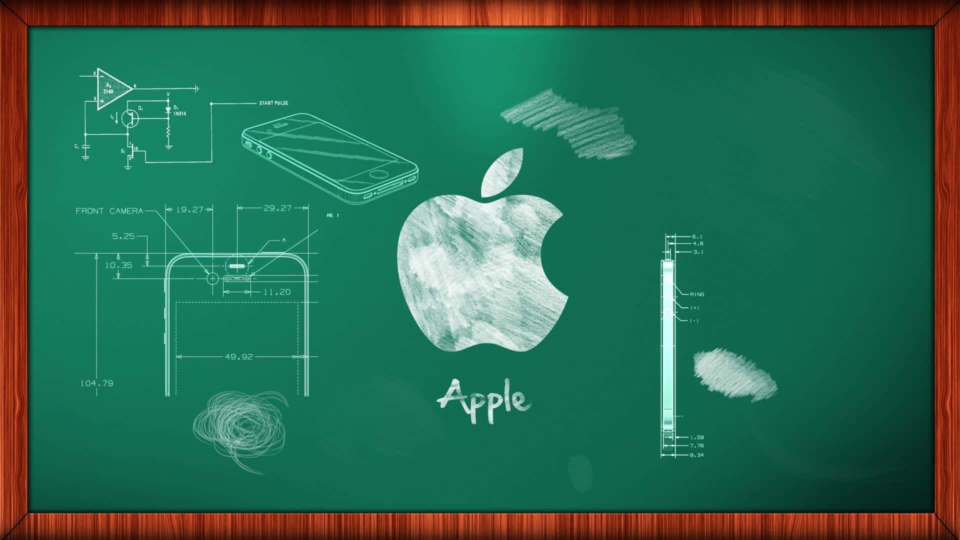 黑板上有Apple標誌和電話設計原理圖，以白色粉筆繪製。