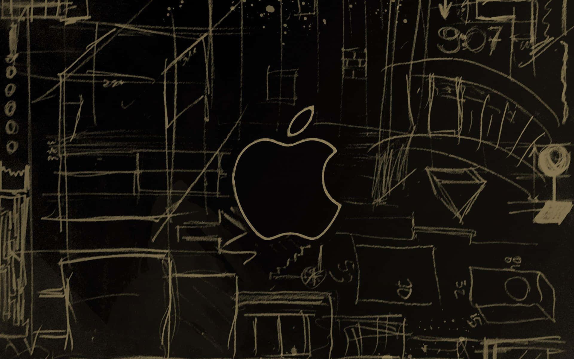 用粉筆喺黑板上面畫嘅Apple標誌，帶有技術草圖。