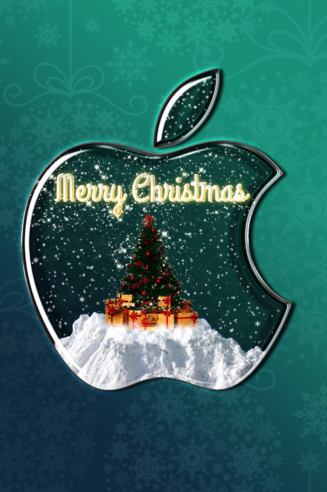 聖誕樹和禮物在Apple標誌內，帶有雪花