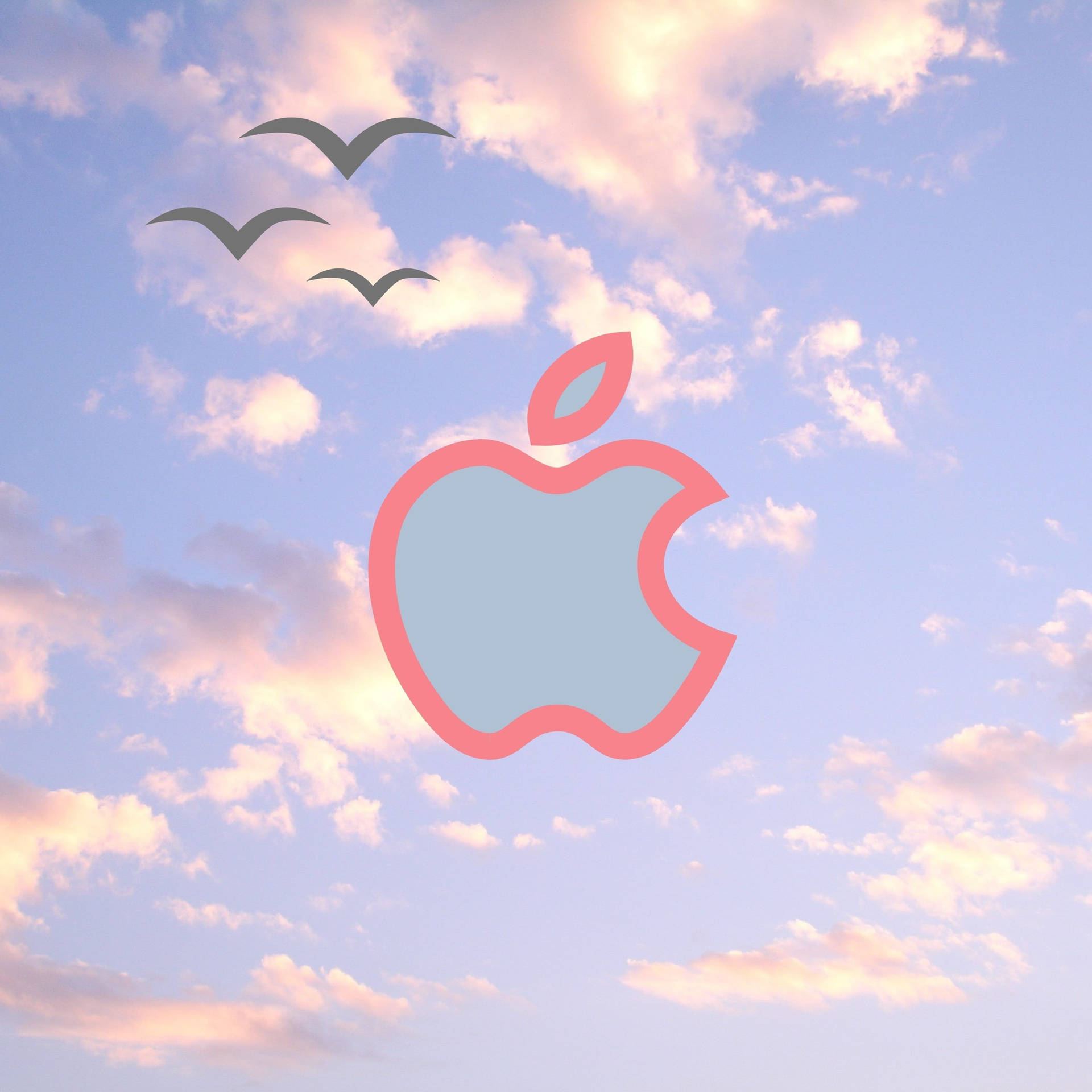 粉紅色Apple標誌，鳥在日落天空飛翔