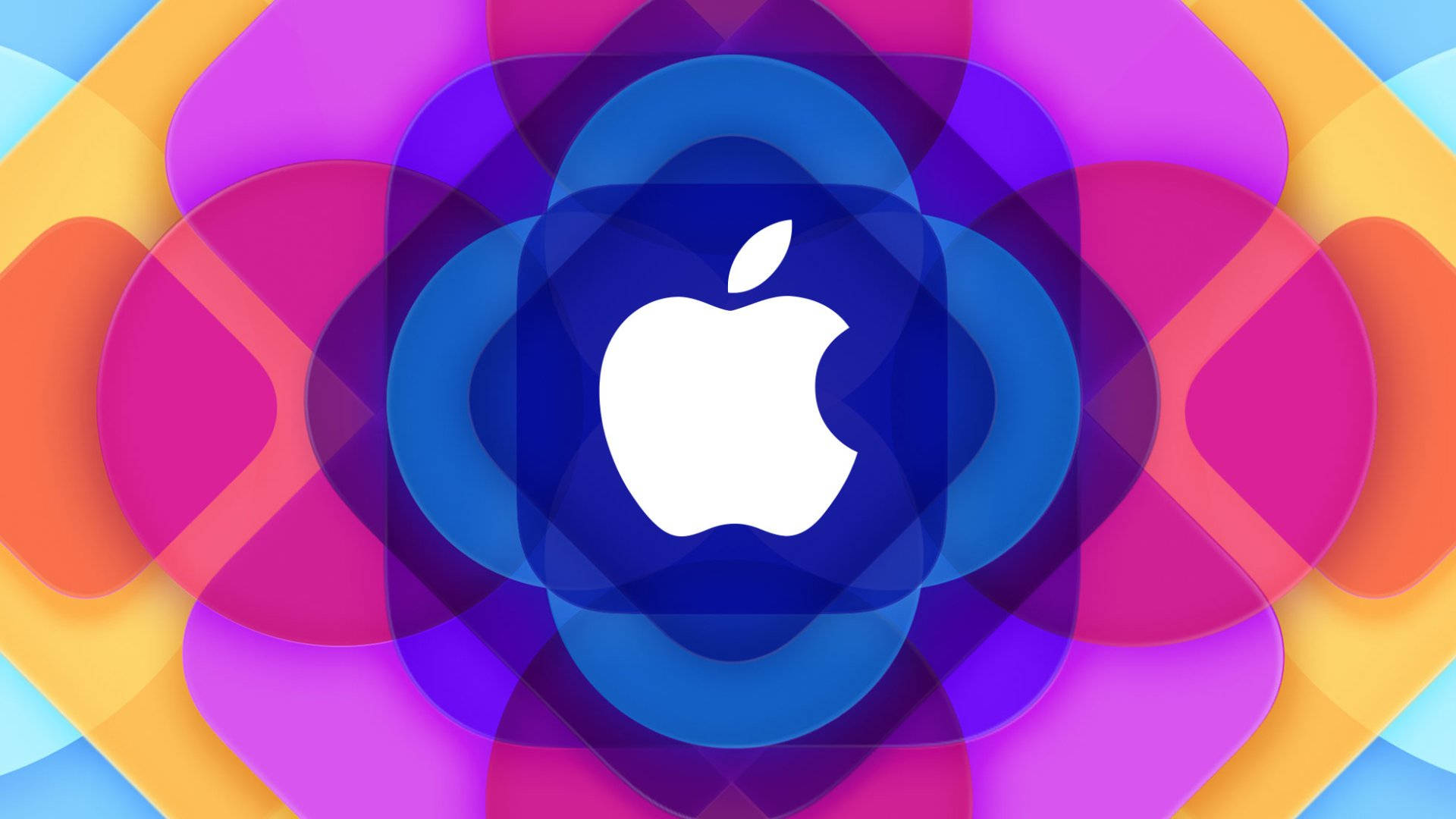 Apple標誌被色彩繽紛的重疊幾何形狀包圍。