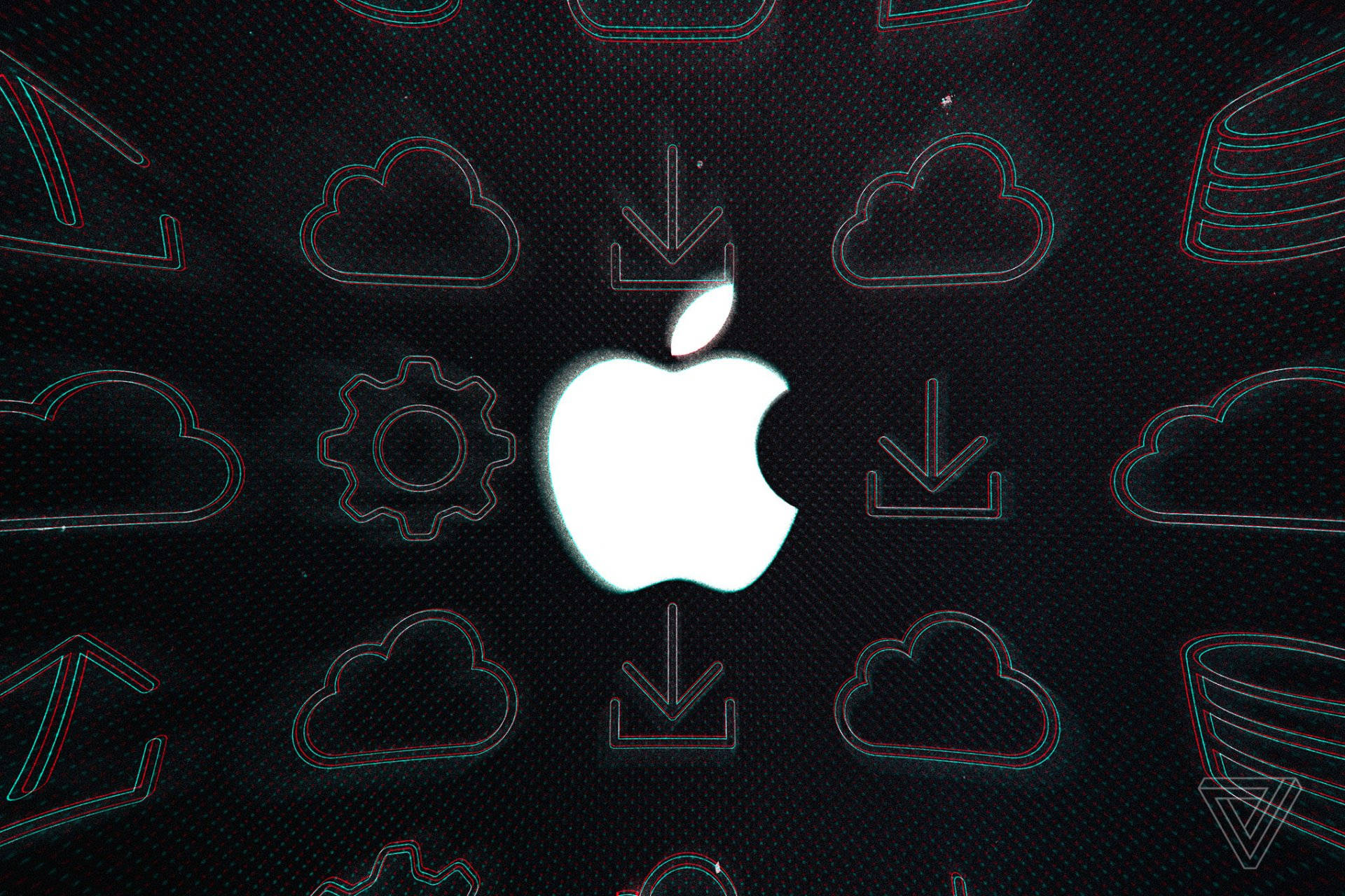發光的Apple標誌搭配數位圖標在深色背景上
