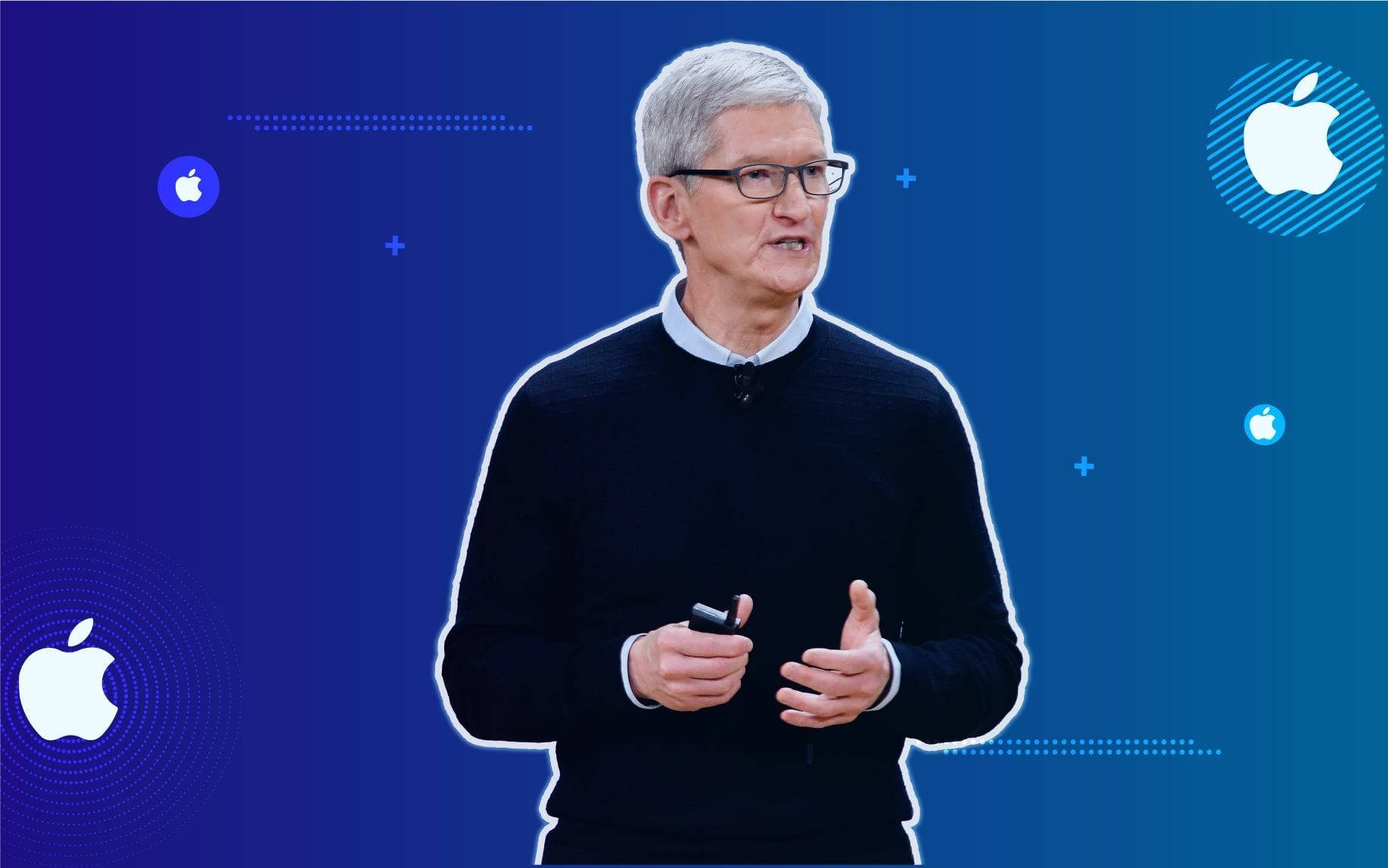 Tim Cook 在 Apple 活動中進行簡報，藍色數位背景上帶有發光的 Apple 標誌。