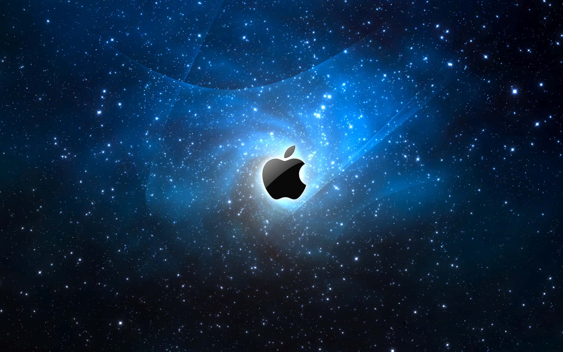 Apple標誌居中於一個充滿星星的發光藍色宇宙星雲中。