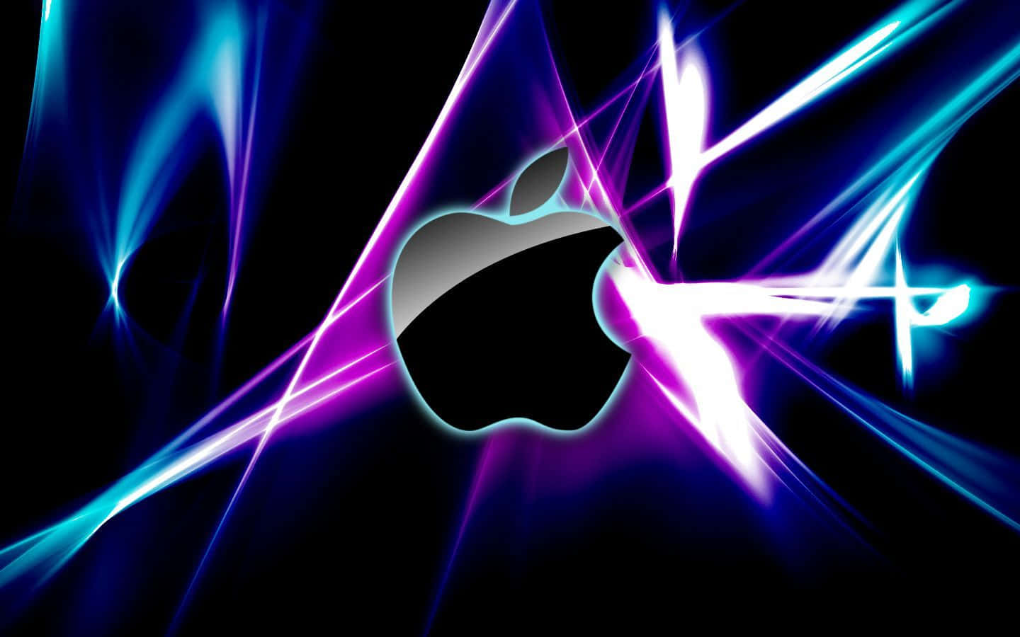 在黑色背景上帶有霓虹藍和紫色光條的發光Apple標誌。