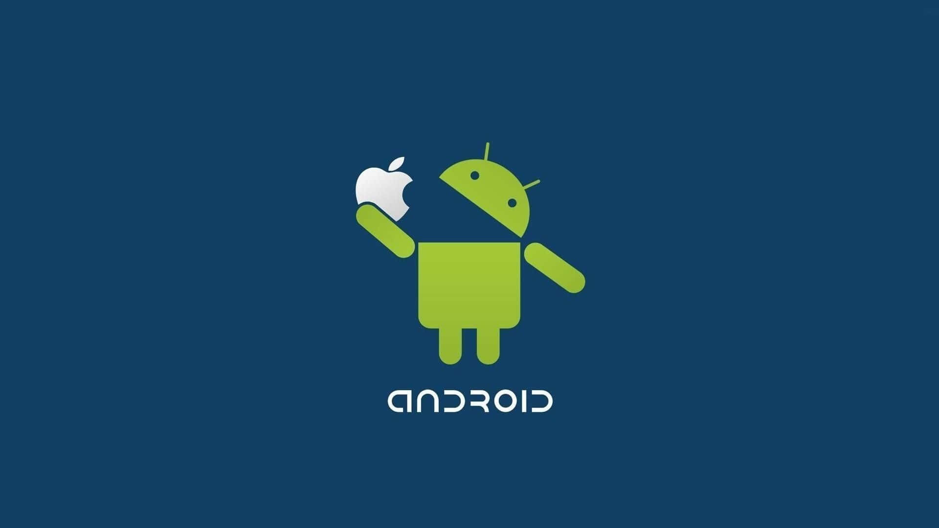 綠色Android吉祥物在藍色背景上手持Apple標誌，文字Android。