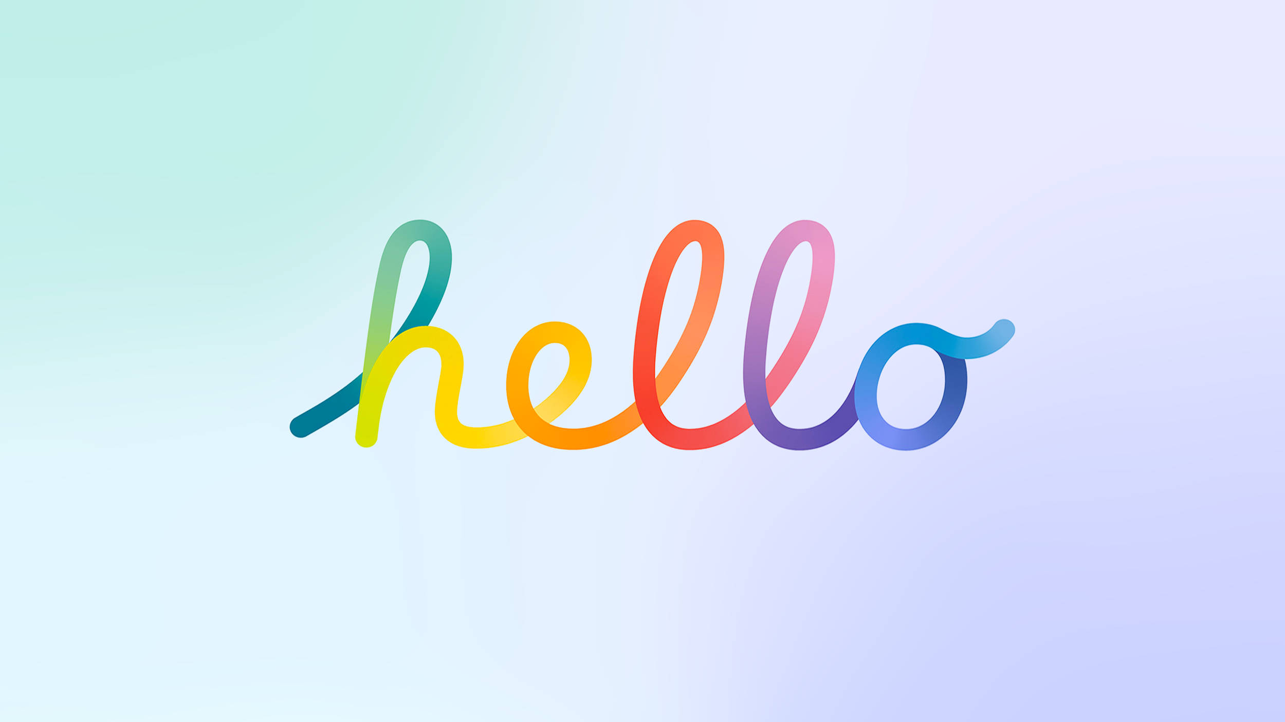 蘋果經典草書「Hello」漸層水藍背景 壁紙 — 「hello」一詞以流暢嘅草書字體顯示，喺柔和嘅粉彩漸變背景上呈現出鮮豔嘅彩虹漸變。