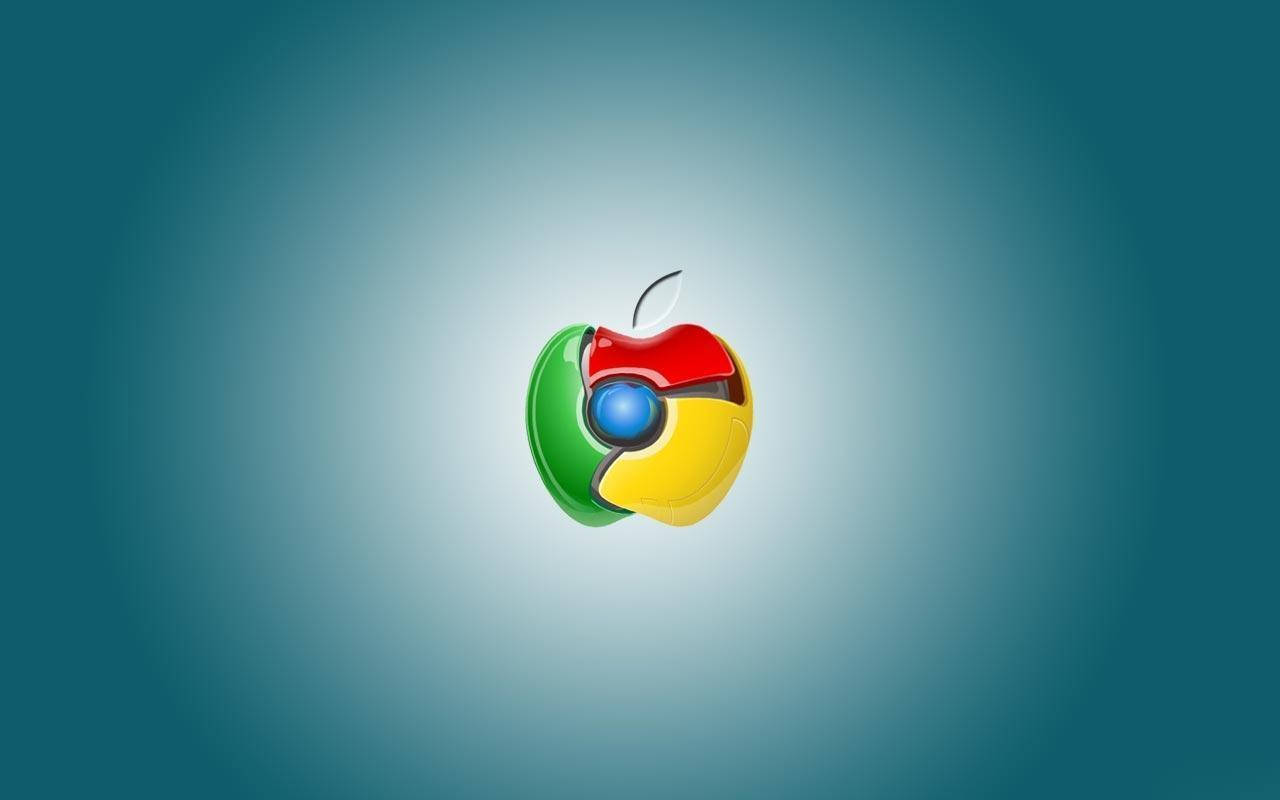 蘋果標誌與Google Chrome瀏覽器圖示融合在青綠色漸變背景上
